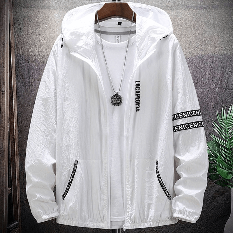 White UV sun protection hooded windbreaker jacket SF0893 for men, lightweight and breathable, ideal for summer sports and outdoor activities.